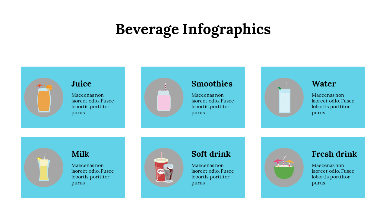 Infographic featuring various beverages including juice, smoothies, water, milk, soft drinks, and fresh drinks.