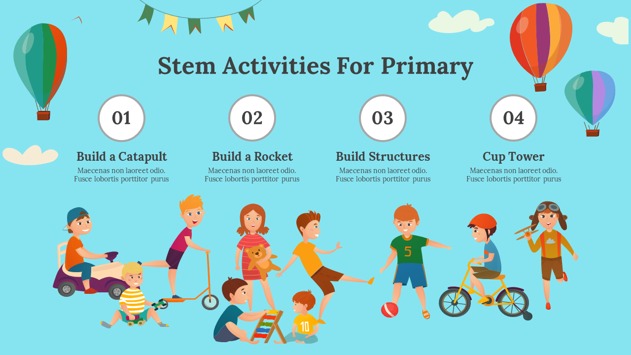 Colorful illustration of children engaging in STEM activities with four numbered captions above.