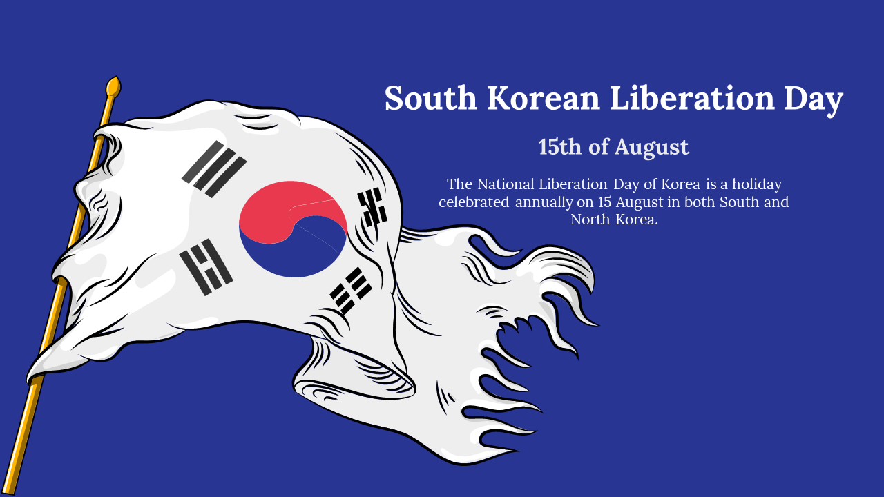 South Korean Liberation day slide featuring the flag of South Korea with text explaining the holiday celebrated in August.