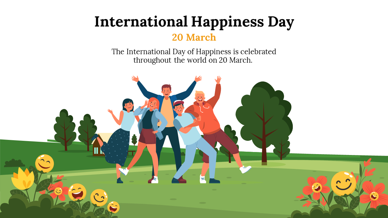 Celebration of International Happiness day on March 20 with cheerful people enjoying nature in a vibrant outdoor setting.