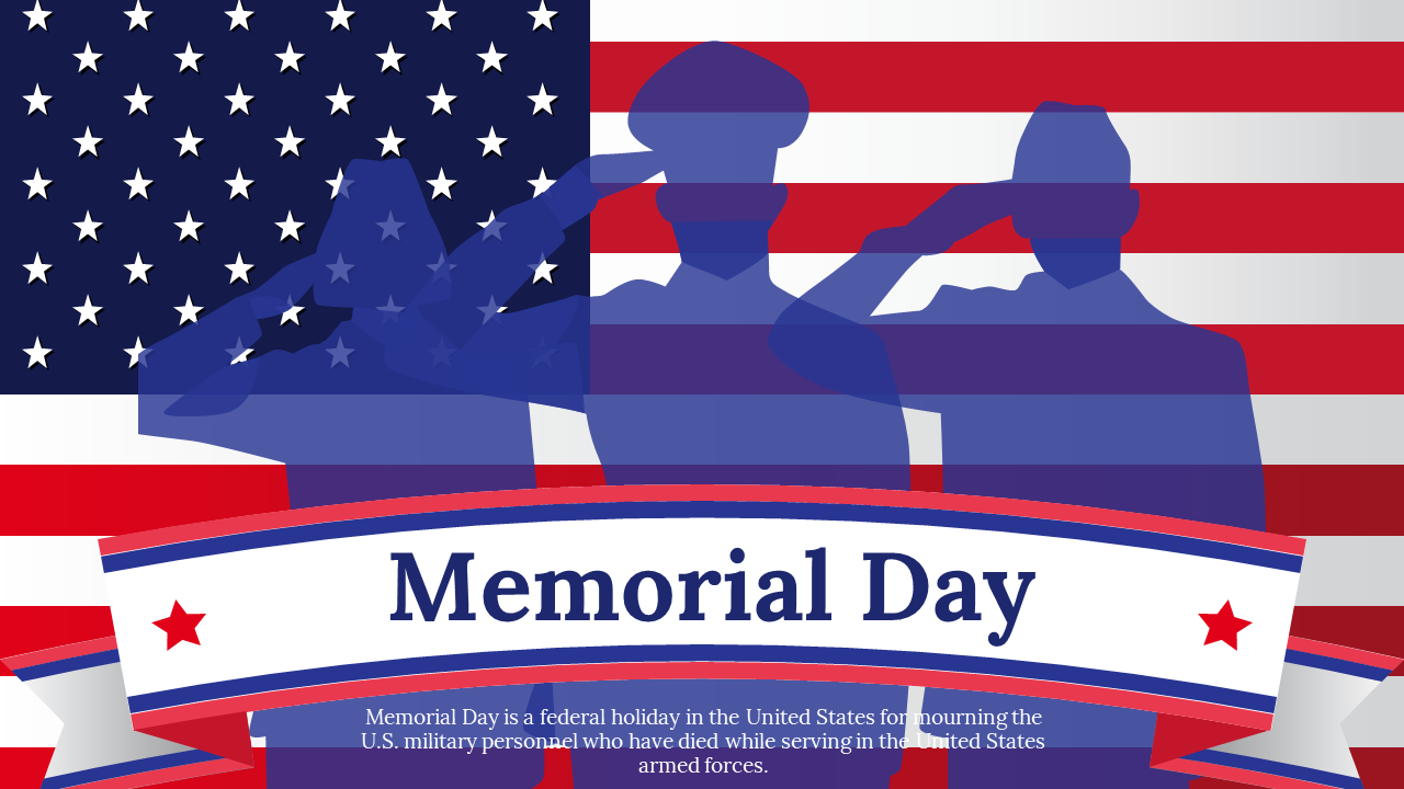 Memorial Day image featuring military personnel saluting against a backdrop of the U.S. flag.