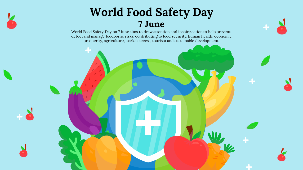 Colorful illustration celebrating world food safety day, featuring fruits and vegetables surrounding a protective shield.