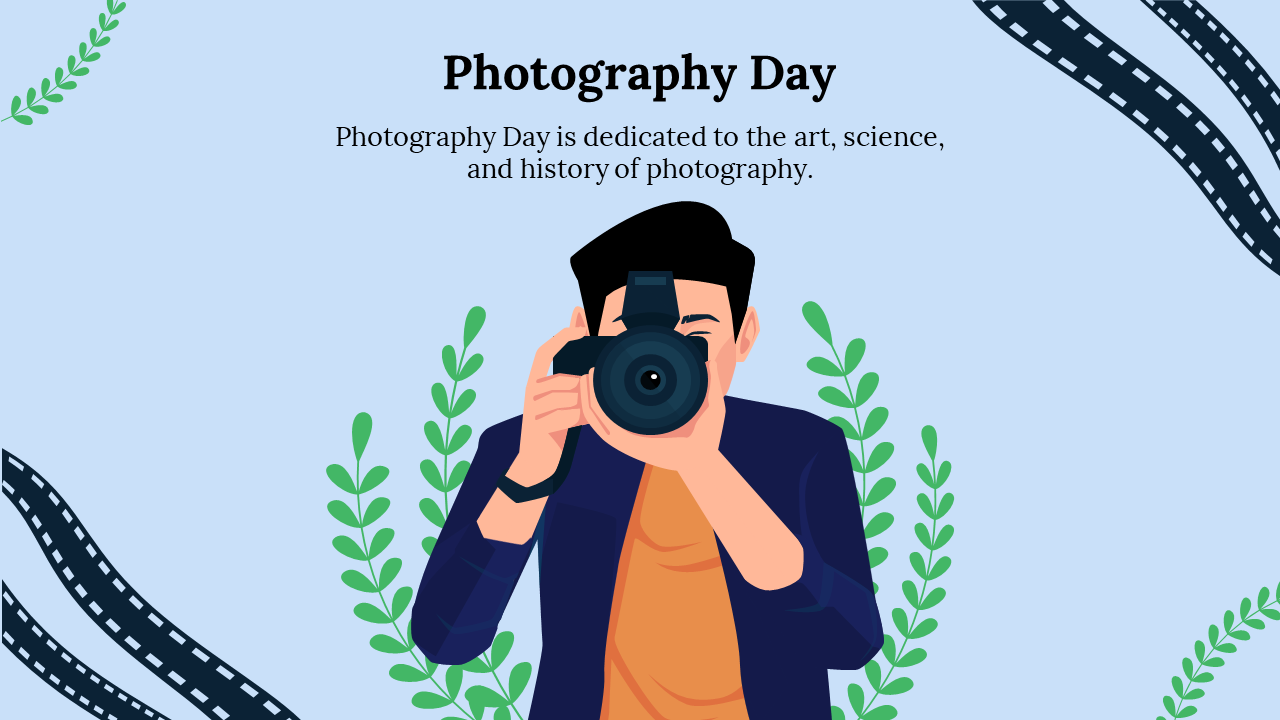 An illustration celebrating Photography day with a person holding a camera and surrounding film strips and leaves.