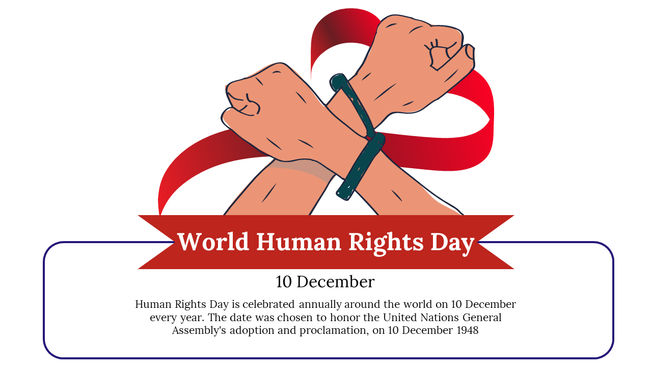 World human rights day slide featuring clasped hands breaking a chain, with a red ribbon and event details below.