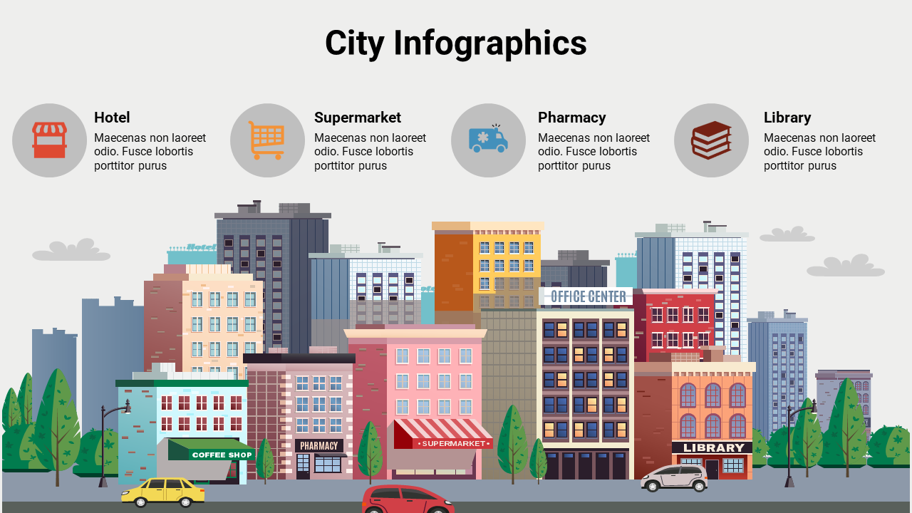 Colorful city infographic slide showcasing various urban establishments like a hotel, supermarket, pharmacy, and library.