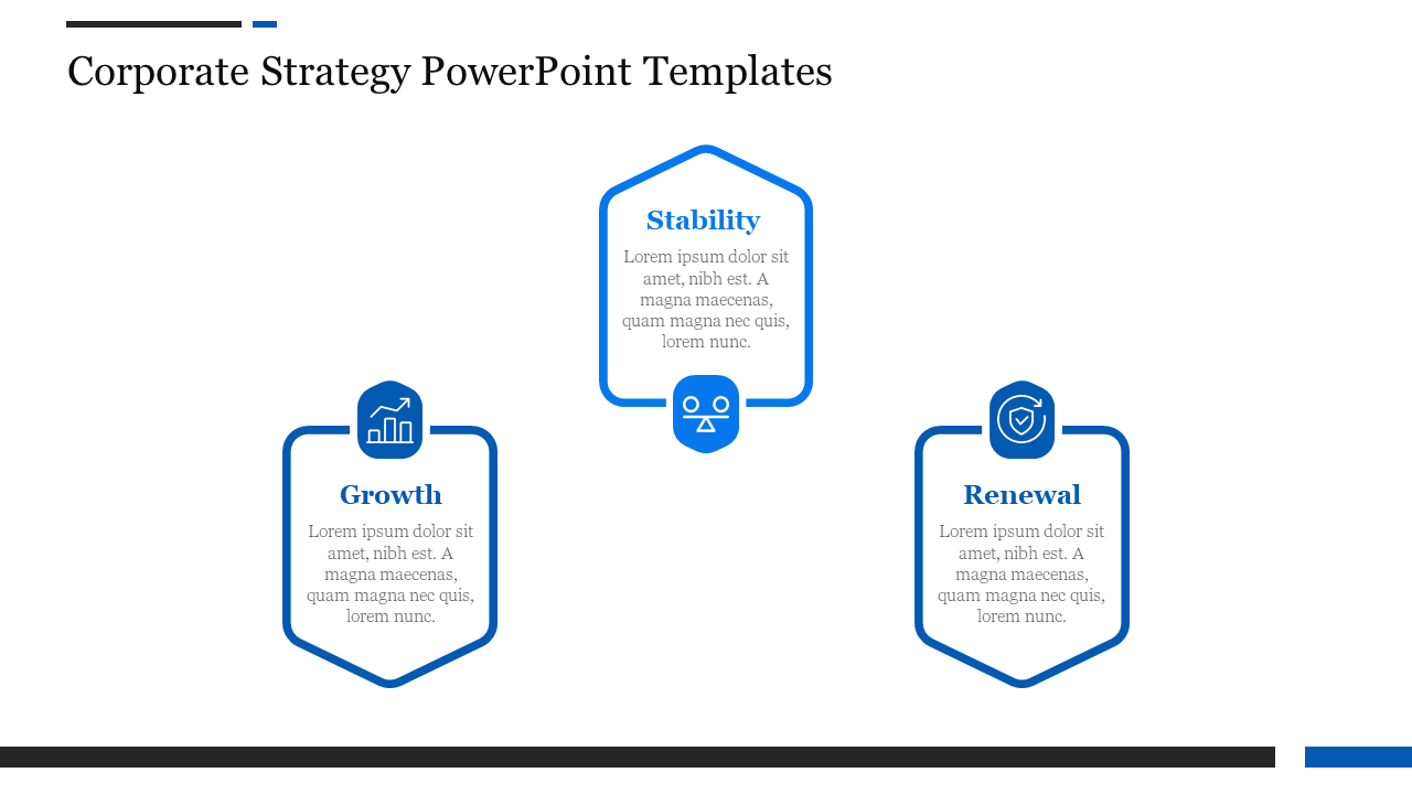 Corporate strategy PowerPoint template with sections for Growth, Stability, and Renewal, each with an icon and text area.