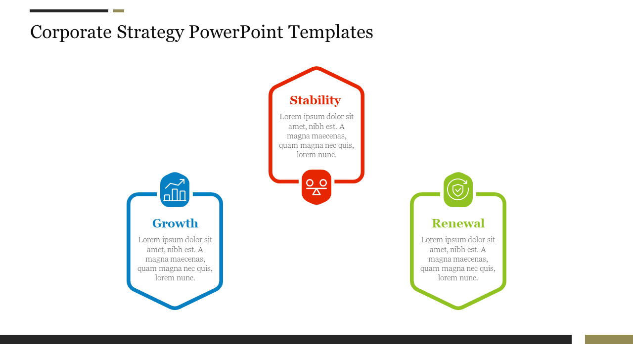 Corporate strategy slide with three hexagons in red, blue, and green, each containing titles, icons, and text placeholders.