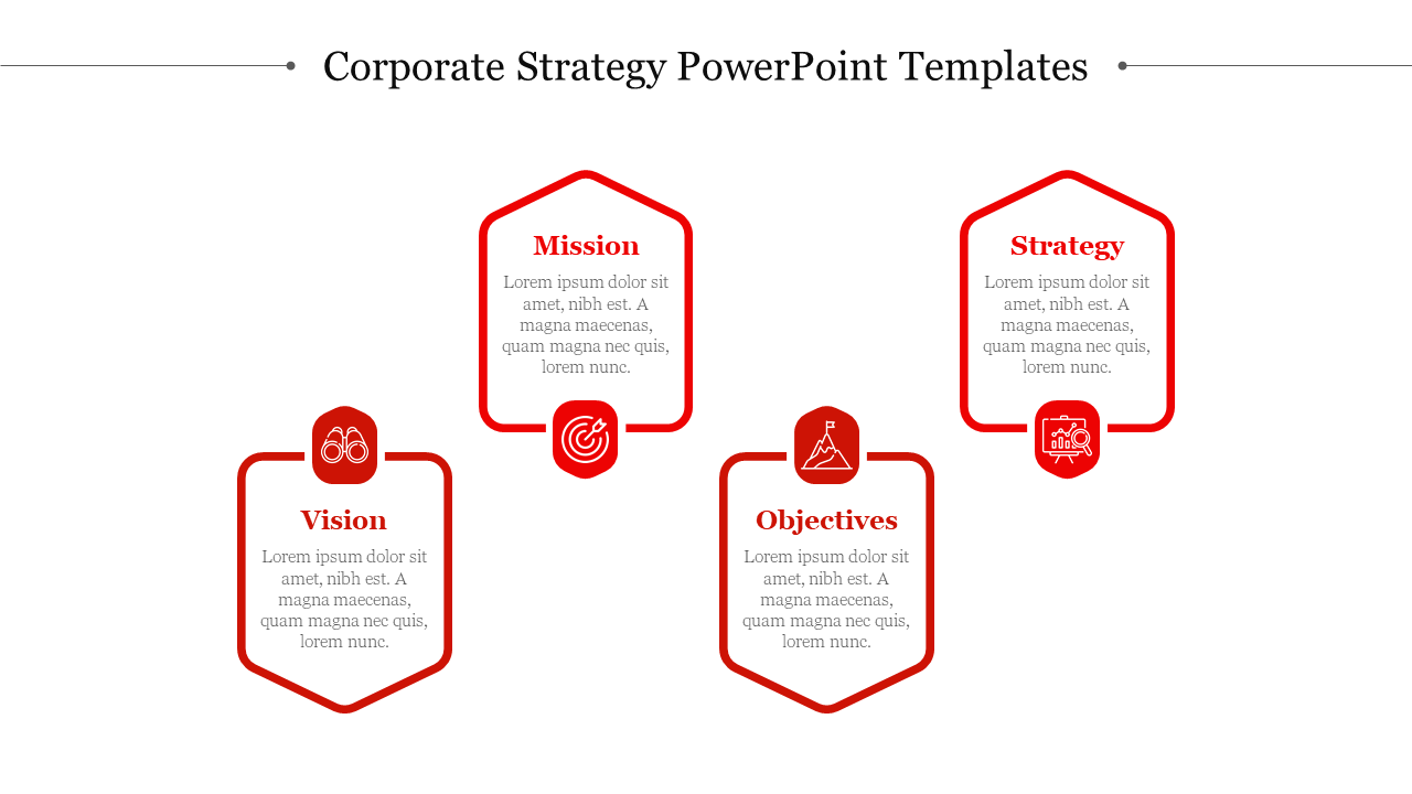 Corporate strategy slide with four red hexagons labeled vision to strategy, each paired with relevant red icons.