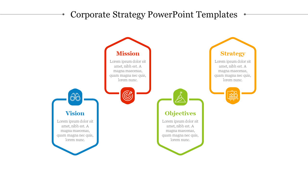 Corporate strategy slide with four outlined pentagons in blue, red, green, and yellow, each containing icons and text.