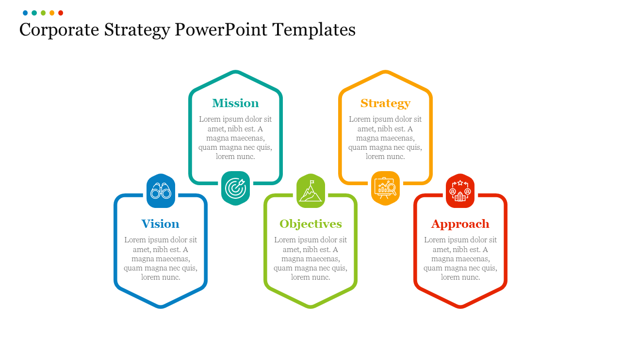 Corporate strategy PPT slide with five sections from Vision, Mission, Strategy, Objectives, and Approach, each with an icon.