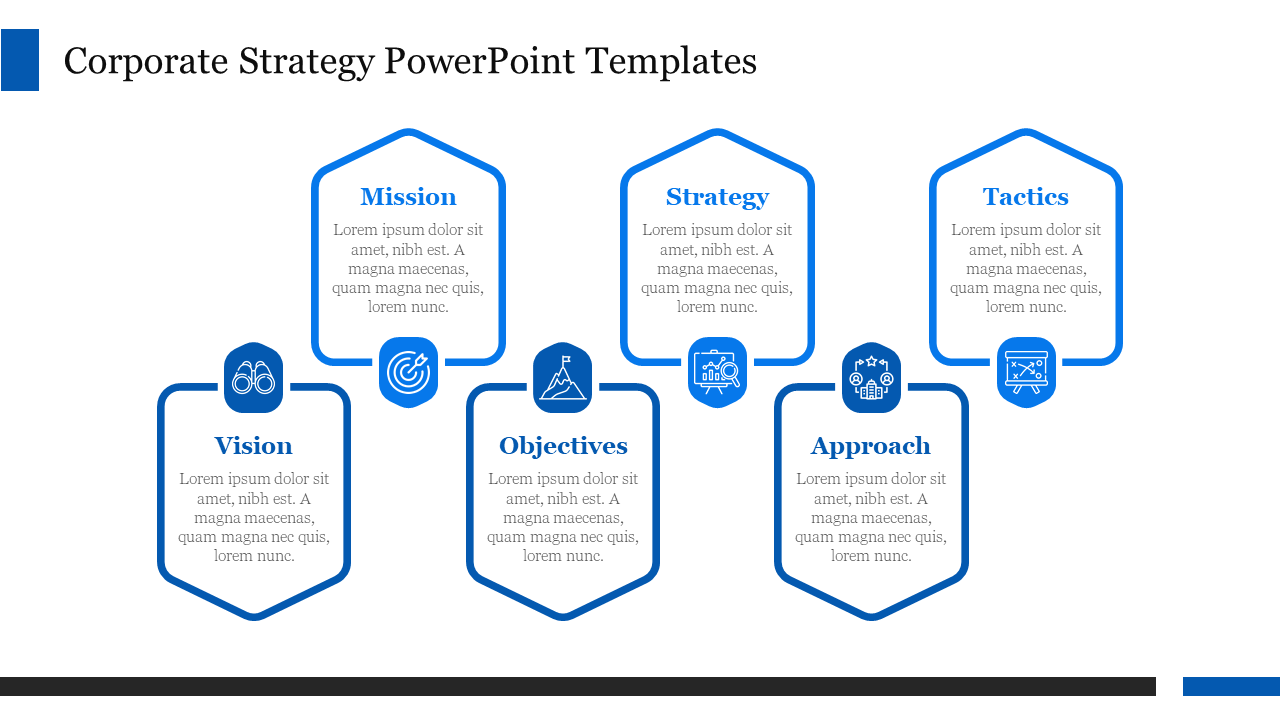 Corporate strategy slide featuring six sections Mission, Vision, Strategy, Objectives, Approach, and Tactics with icons.