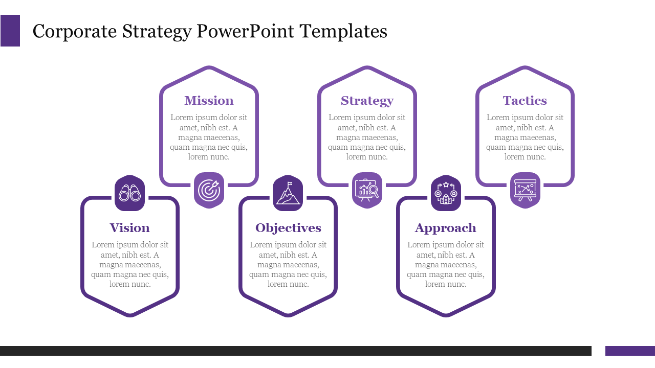 Corporate strategy slide with six sections Mission, Vision, Strategy, Objectives, Approach, and Tactics, each with icons.