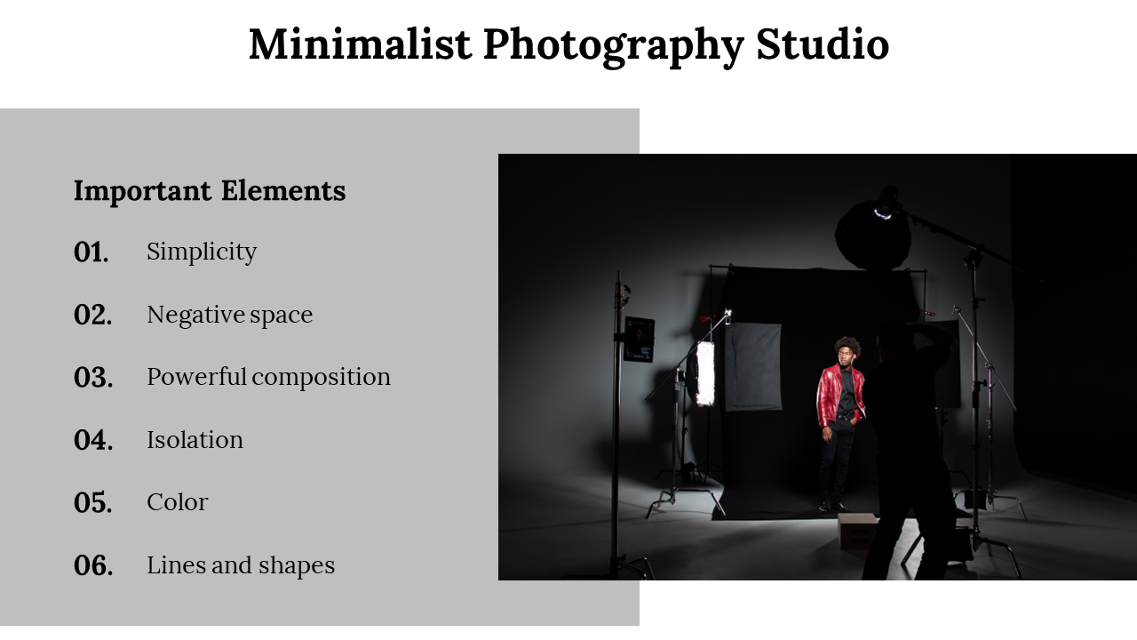 Slide design for a minimalist photography featuring a list of important elements and a dark studio setup with a model.