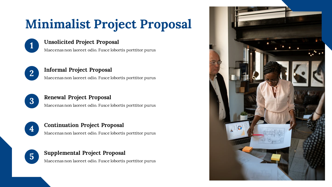 Minimalist project proposal layout featuring a numbered list of five proposal types and an image of two professionals.