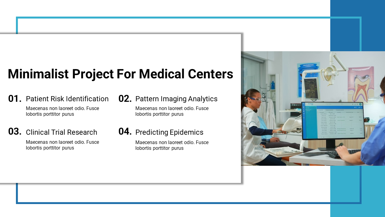 Slide featuring a list of four medical projects, with a background image of healthcare professionals working at a computer.