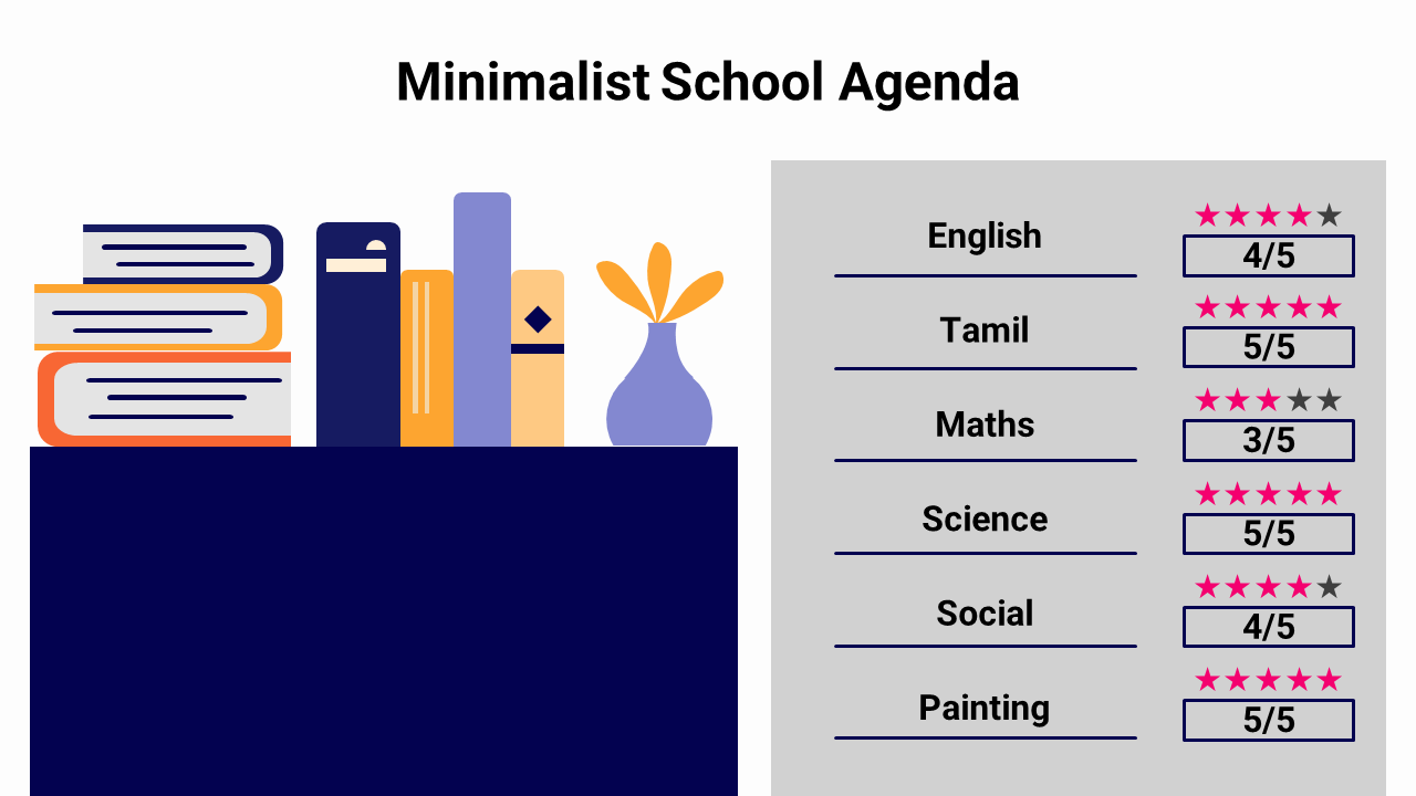 Minimalist agenda template with books and a vase alongside a performance chart with star ratings for school subjects.