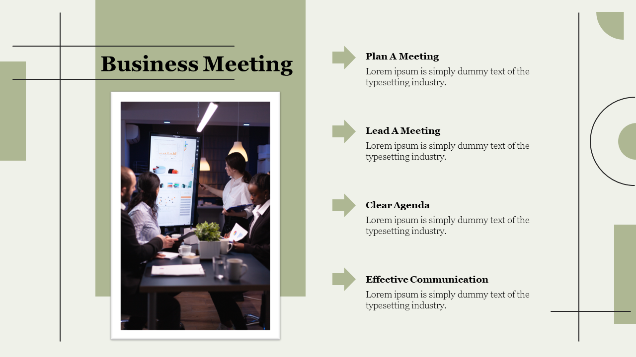 Central photo of a business meeting on a green background with text sections and arrows listing key points.