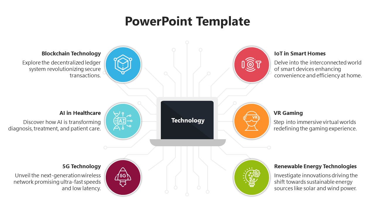 Technology PowerPoint slide featuring colorful icons from blockchain technology to renewable energy technologies.