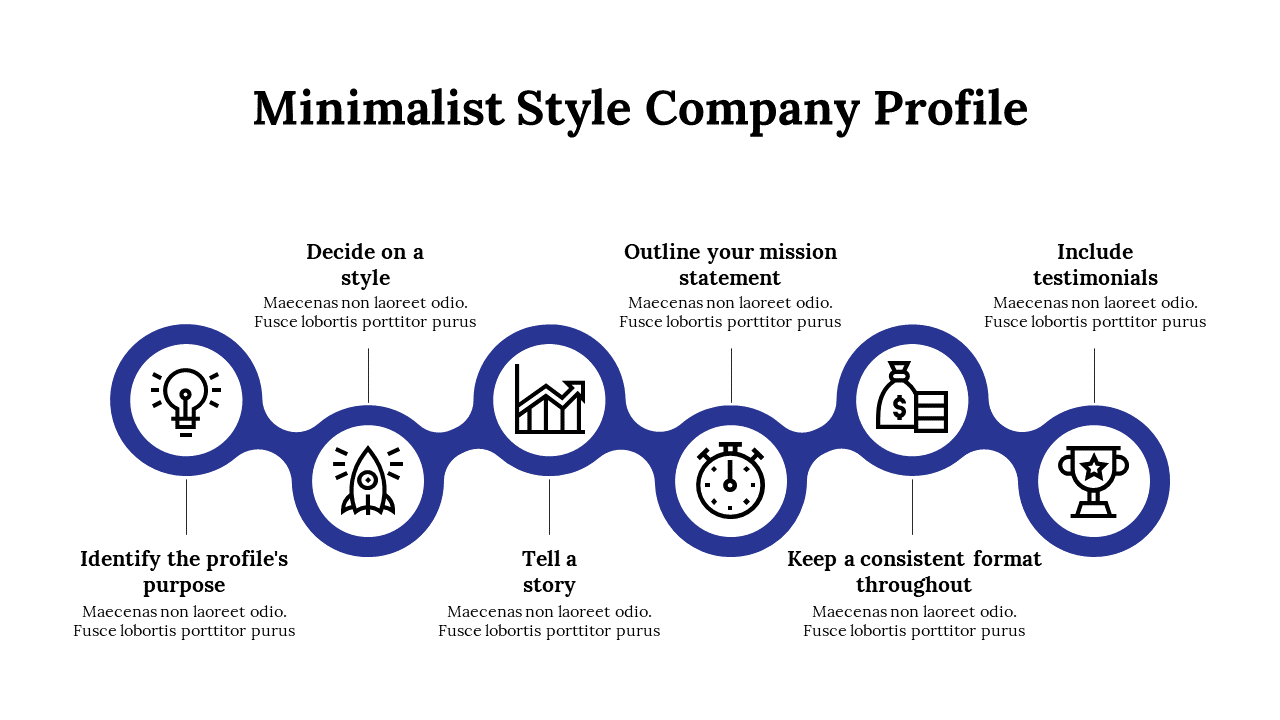 Infographic outlining steps for creating a minimalist style company profile, featuring blue icons for each step.