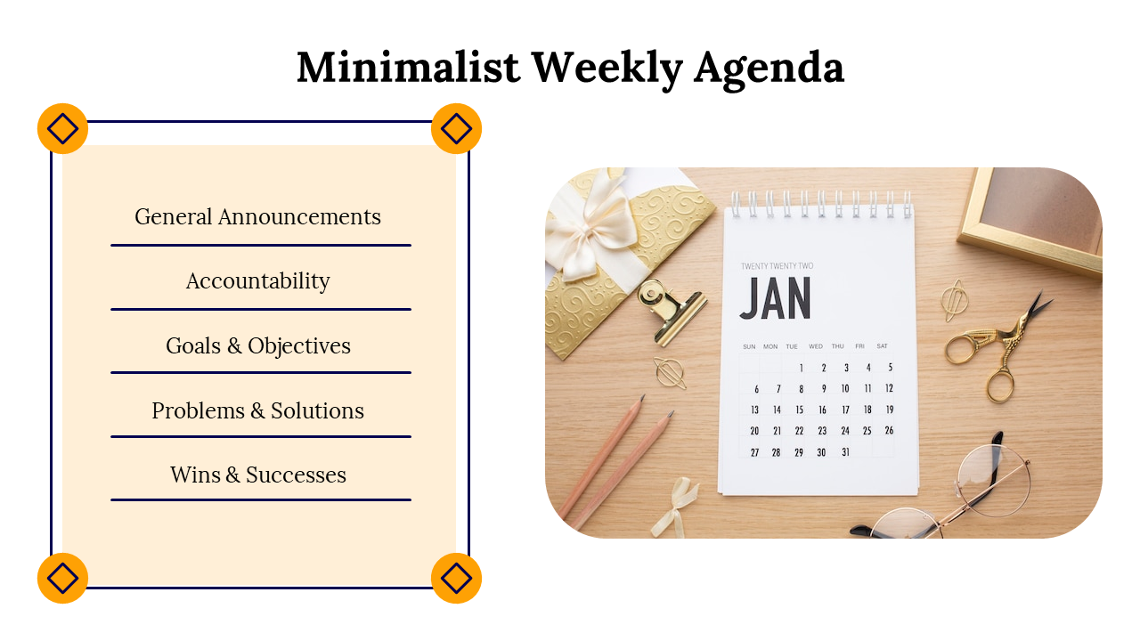 Agenda design with a list of weekly topics and a January calendar image on the right with gold stationery accents.