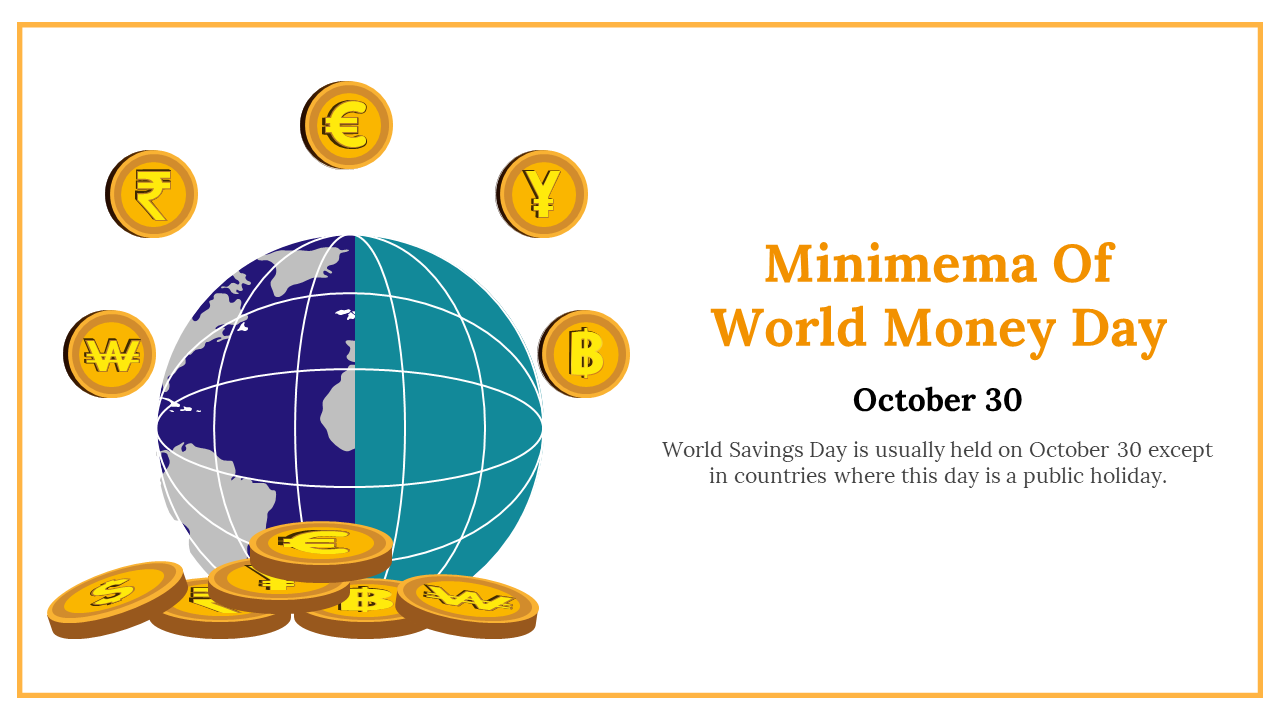 Infographic for World Money Day with a globe surrounded by various currency symbols like the Euro, Dollar, and Yen.