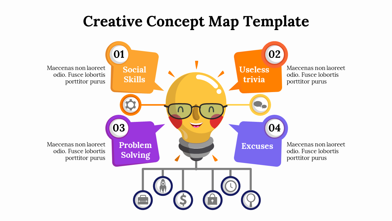 Creative concept map template with a lightbulb wearing glasses and connected to four labeled  speech bubbles.