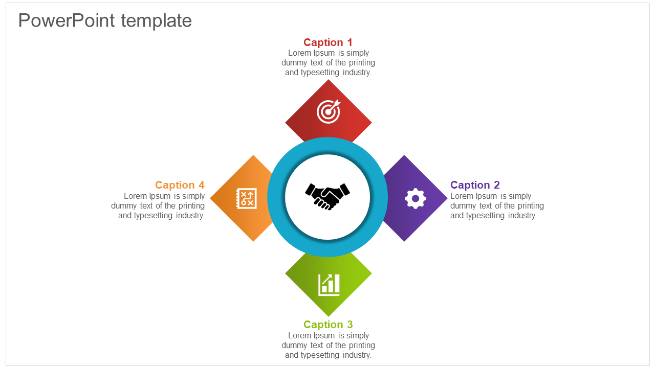 Professional template showcasing a handshake graphic with surrounding captions areas and goal symbols.