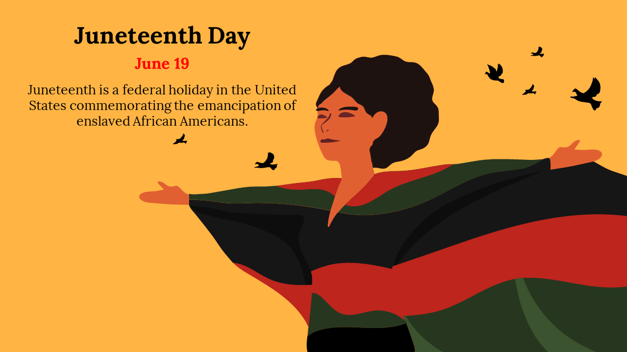 A woman with open arms celebrating juneteenth day on June 19, with birds flying in the lit yellow background.