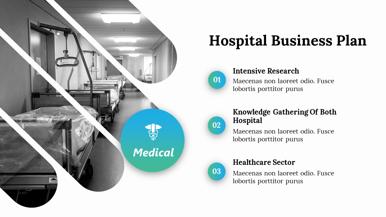 Hospital business plan slide featuring a black and white background image of hospital corridors with a blue circular icon.