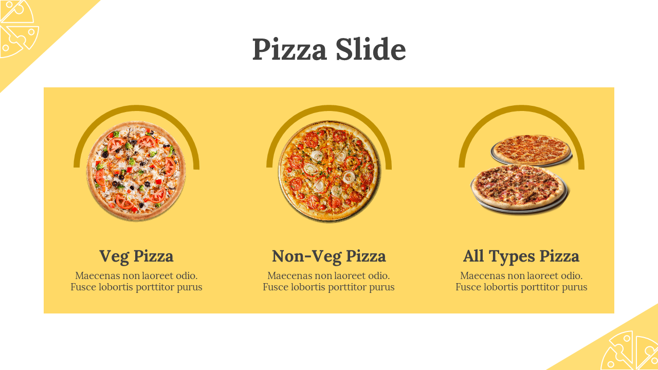 Colorful slide featuring veg pizza, non veg pizza, and all types pizza, highlighting their ingredients on a yellow backdrop.