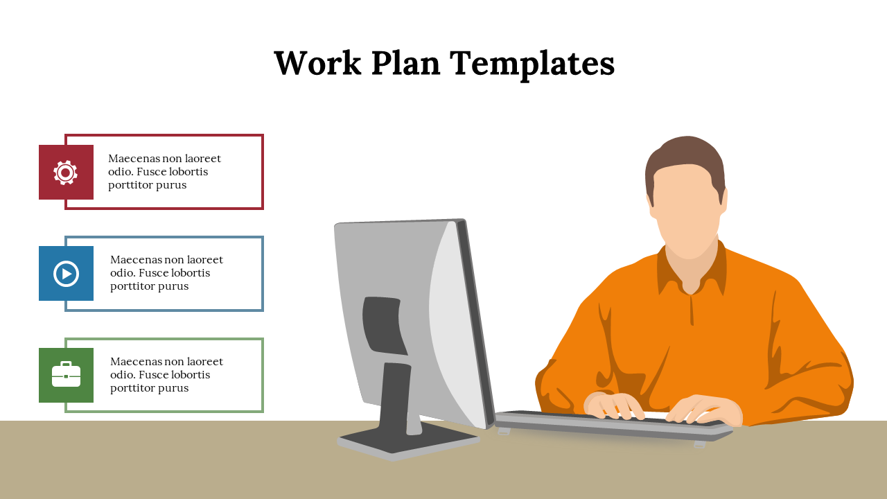 Work plan template featuring a man at a desk with a computer and three color-coded informational boxes.