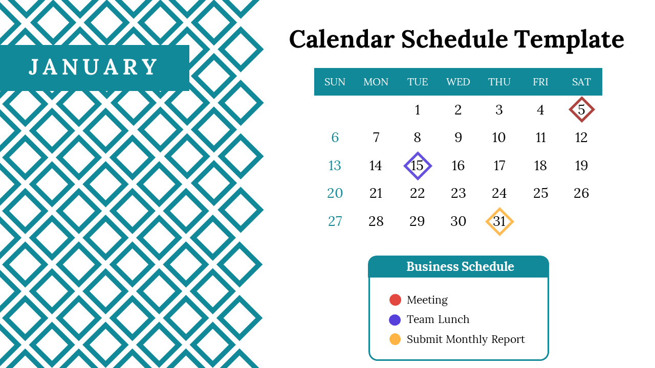 Calendar schedule template for January with color coded events such as meetings, team lunches, and report submissions.