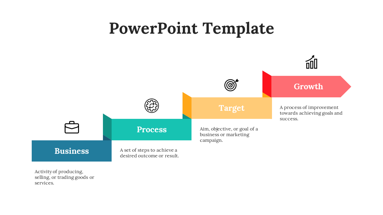 Business PowerPoint slide featuring steps Business, Process, Target, and Growth, with corresponding icons and definitions.