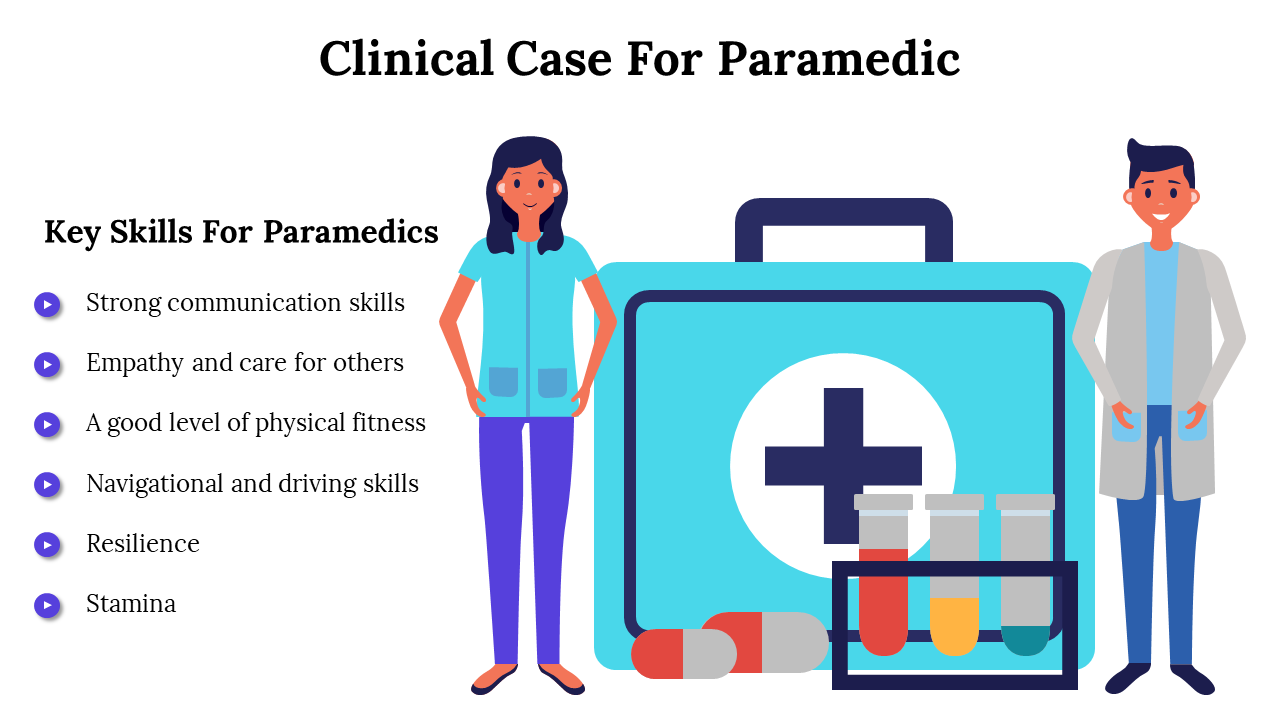 Clinical case for paramedic slide featuring two characters and a medical kit, highlighting key skills for paramedics.