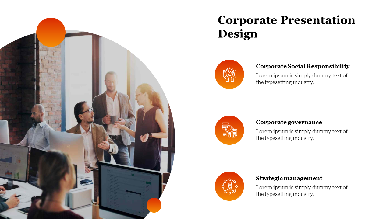  Slide design with business interaction image and text highlighting corporate social responsibility and governance.