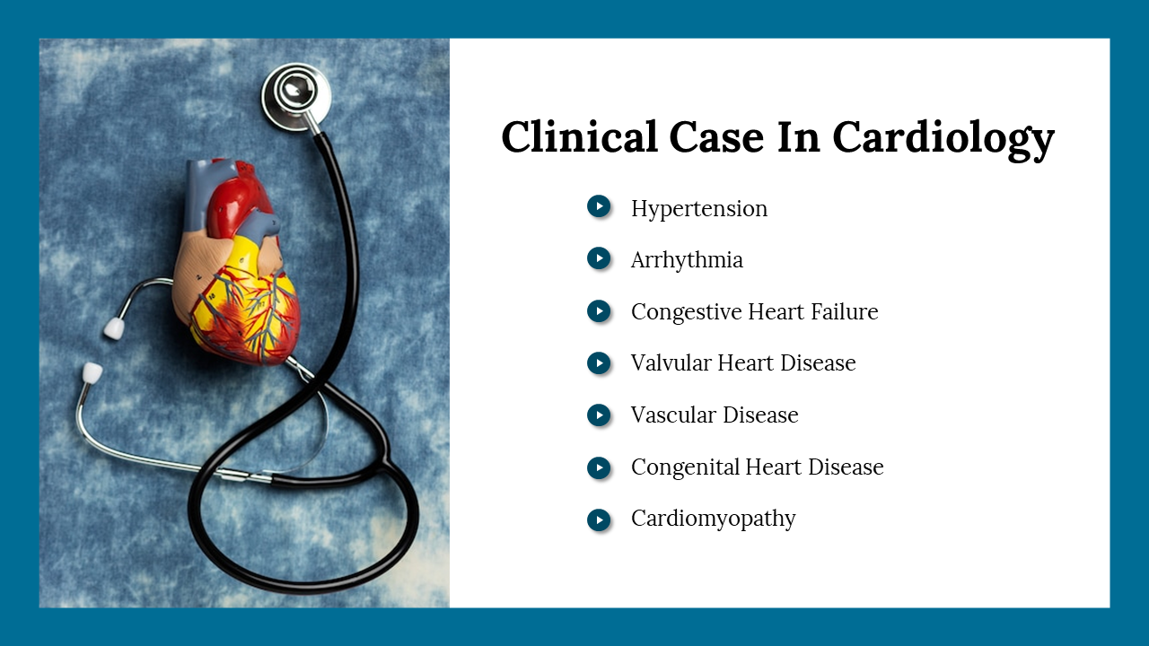 A stethoscope wrapped around a heart model on a blue background, with a list of cardiology conditions on the right.