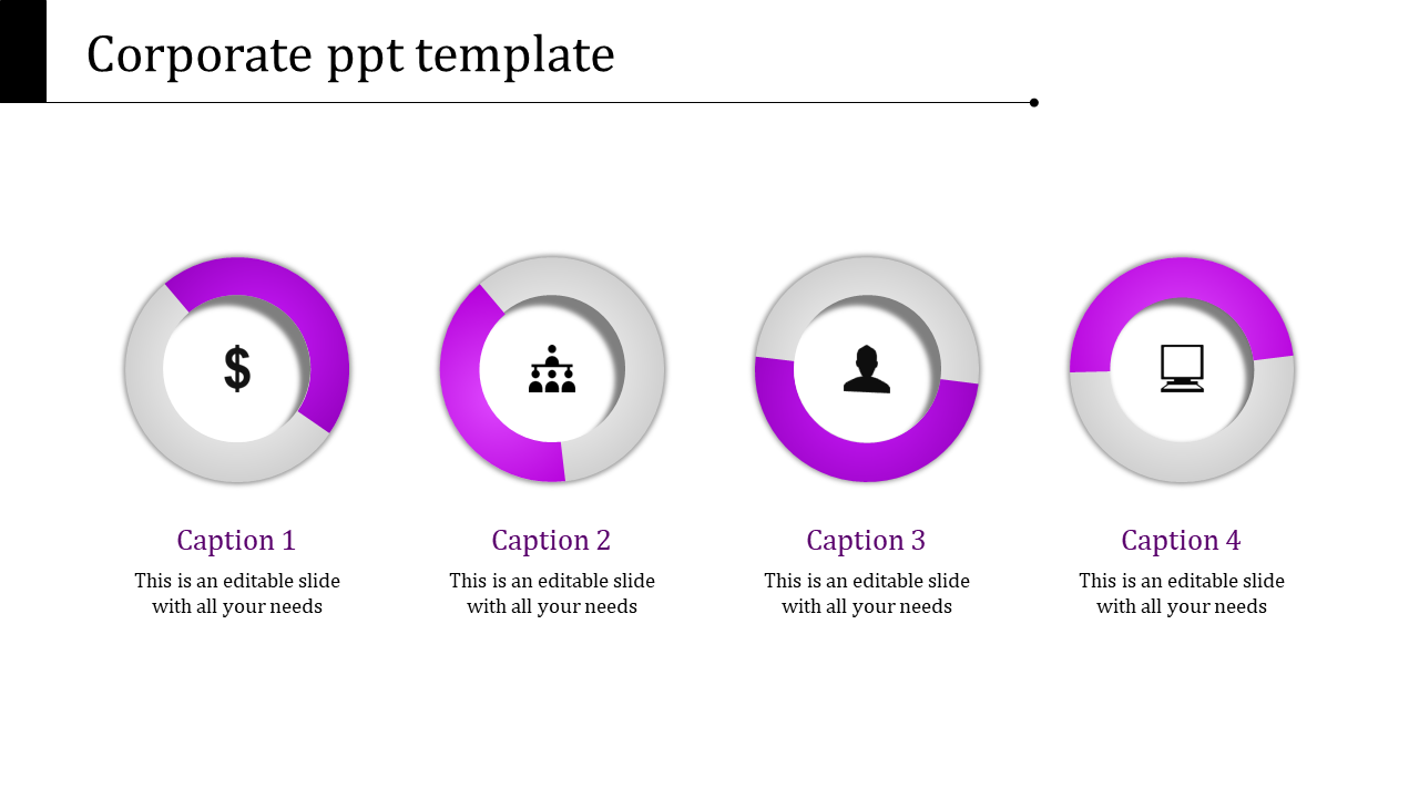 Corporate slide featuring four purple and gray circular diagrams with different icons and captions.