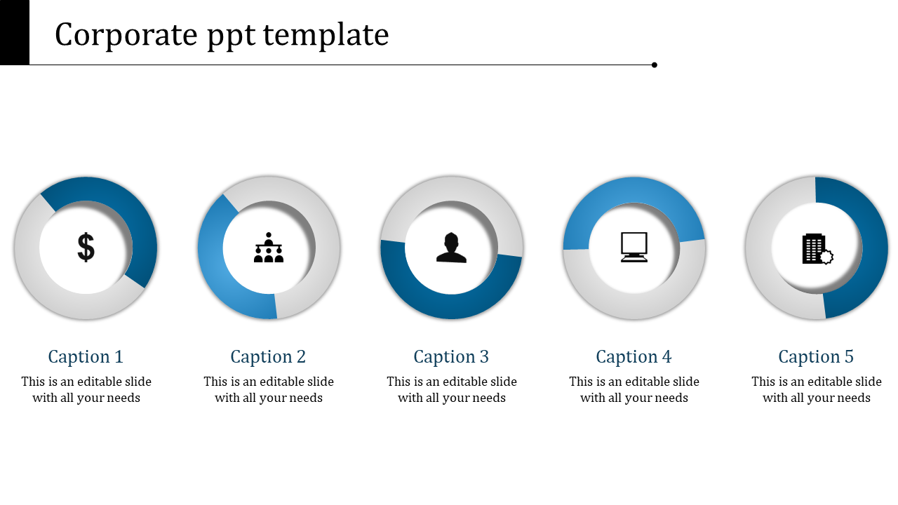 Horizontal layout with 5 circular icons in blue and gray color scheme, representing corporate elements.