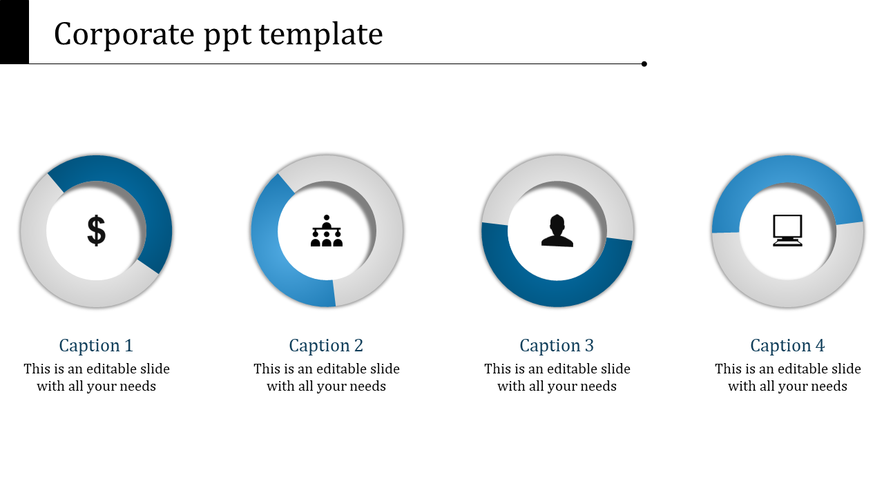 A corporate PowerPoint template with circular icons representing money, team, user, and technology with captions.