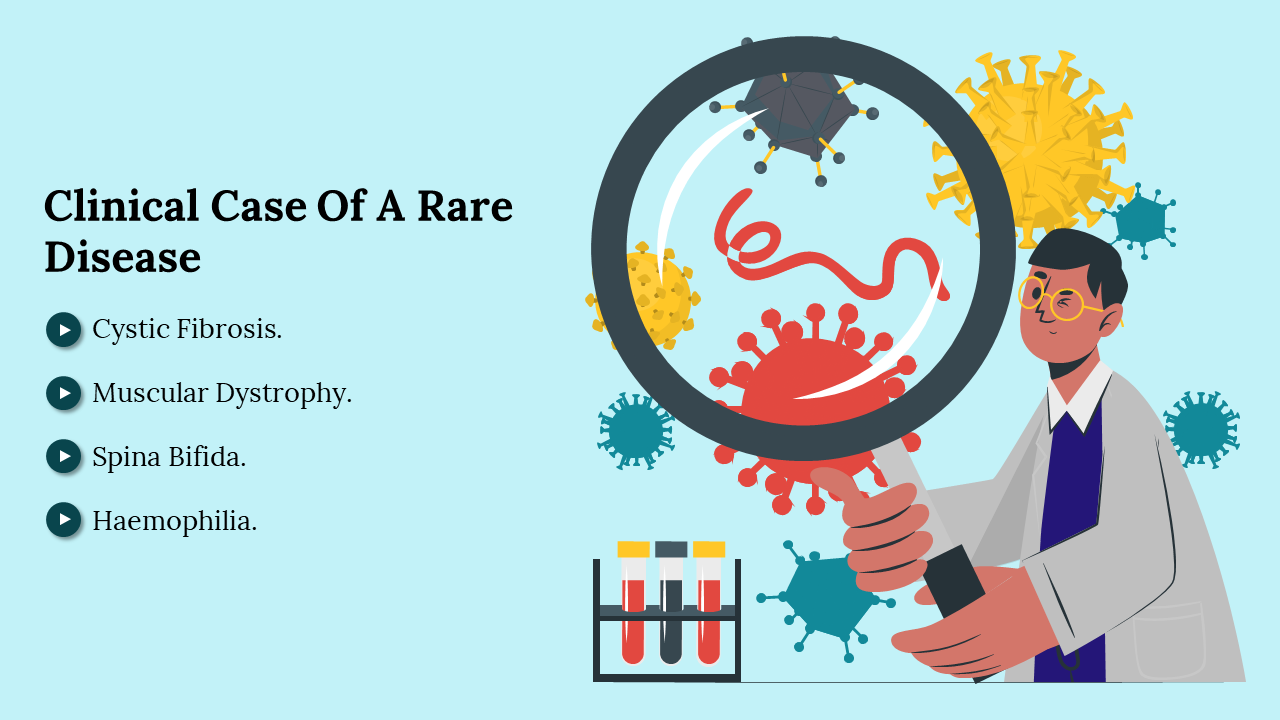 Slide on rare diseases including 4 sections with an illustration of a scientist examining viruses under a magnifying glass.