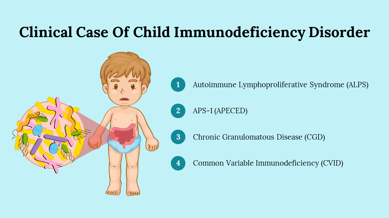 Illustration of a child with visible immune cell, with a list of four immunodeficiency disorders on a light blue background.