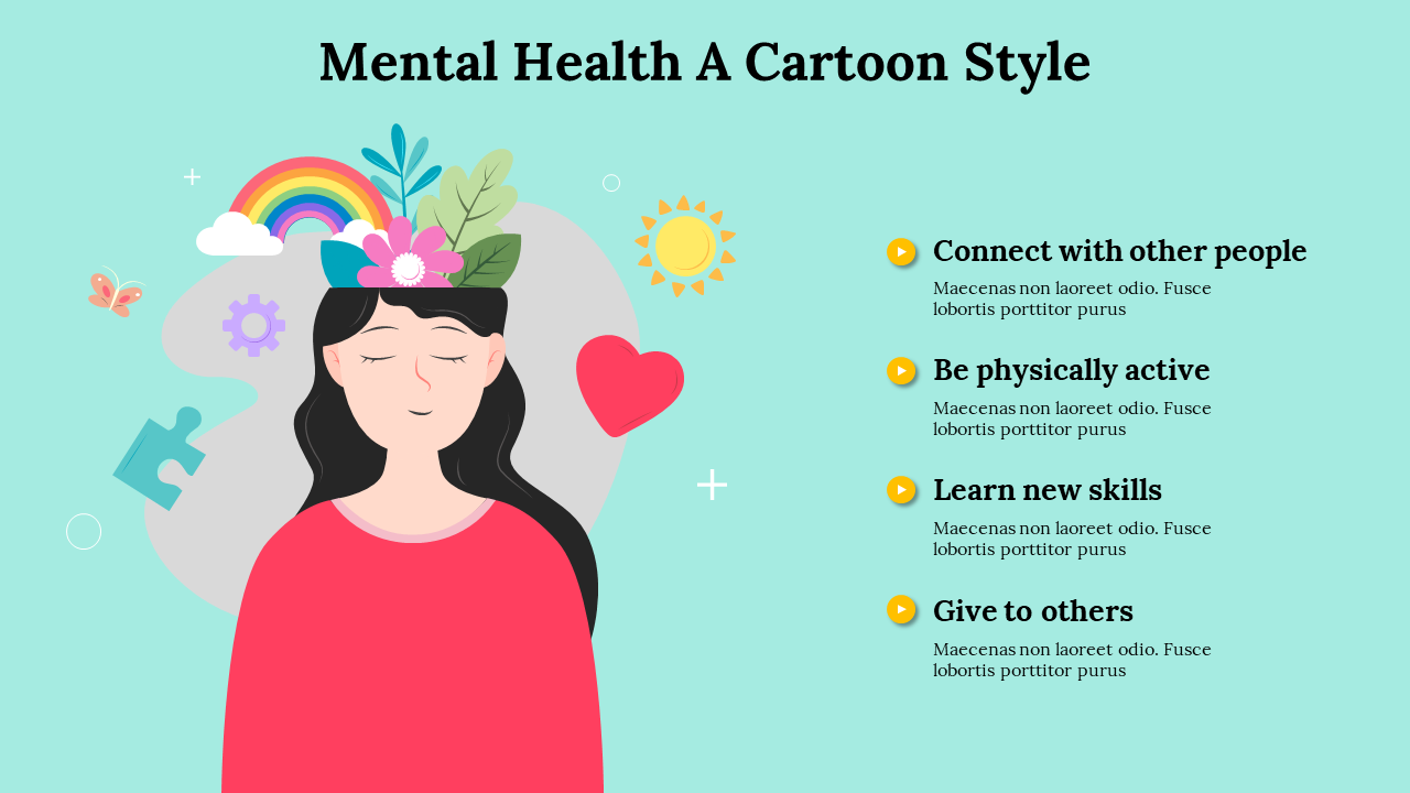 Cartoon-style mental health slide featuring a woman with a floral crown and icons, with tips for mental well-being listed.