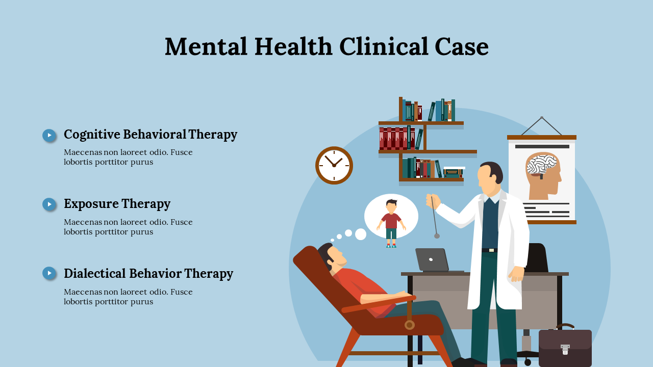 Illustration of a mental health clinical case featuring a therapist interacting with a patient and cognitive therapy.