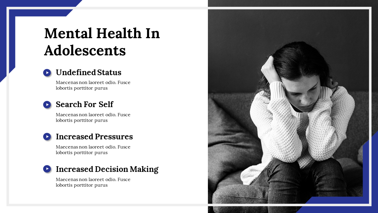 Split layout with mental health text and a monochrome image of a sad adolescent sitting on the right.