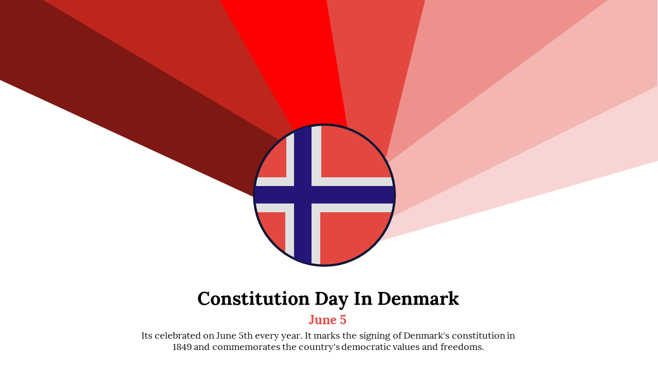 Circular flag of Denmark centered against red shades background, celebrating constitution day on June 5th.