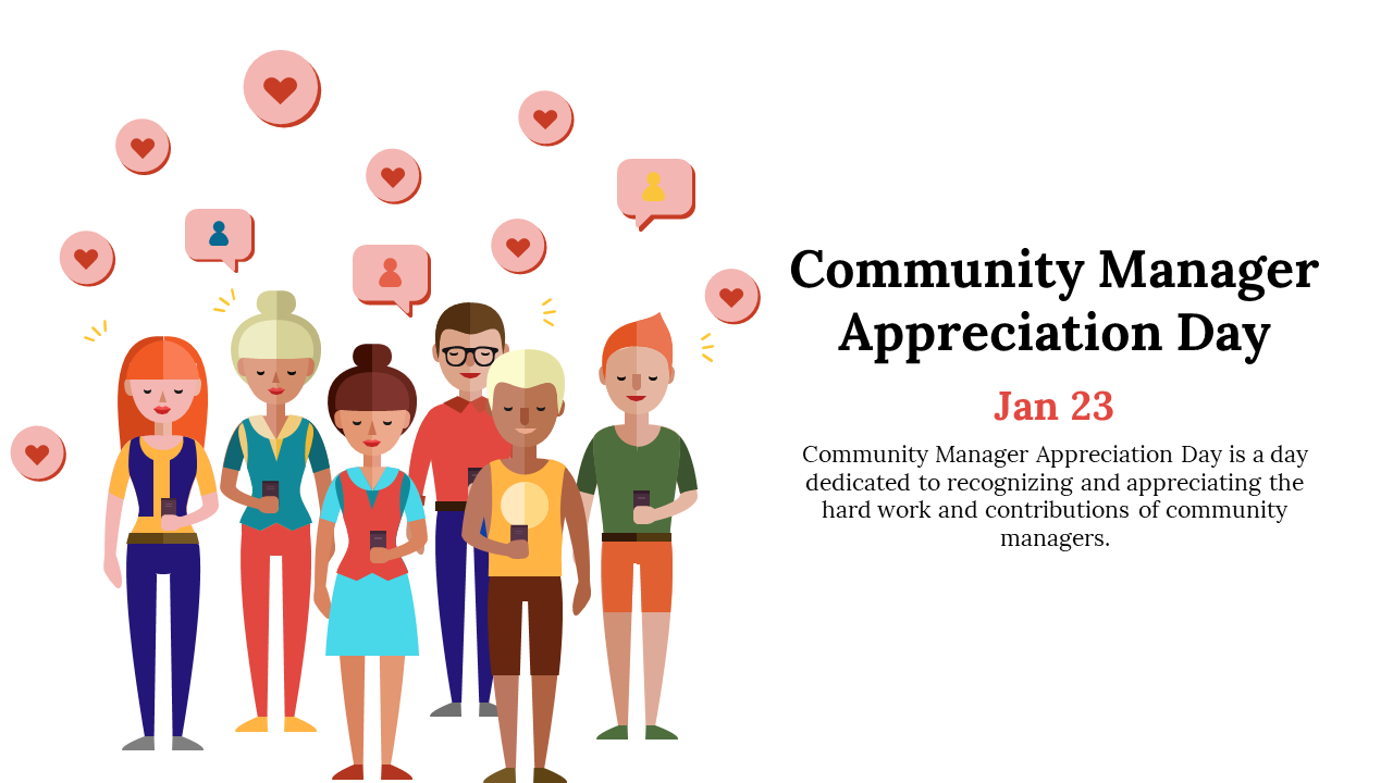 A vibrant graphic for Community Manager Appreciation day slide featuring a diverse group of individuals with icons of love.