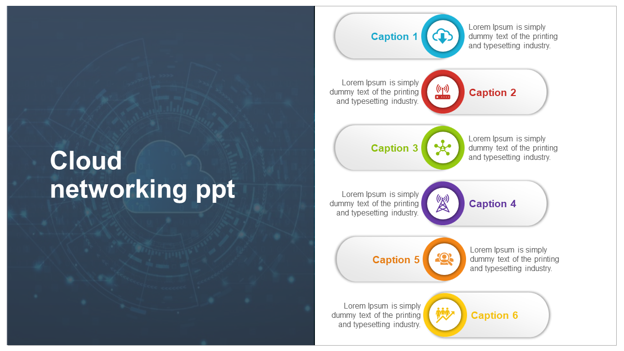 Slide showcasing cloud networking with a digital cloud graphic and a structured list of six steps with matching icons.