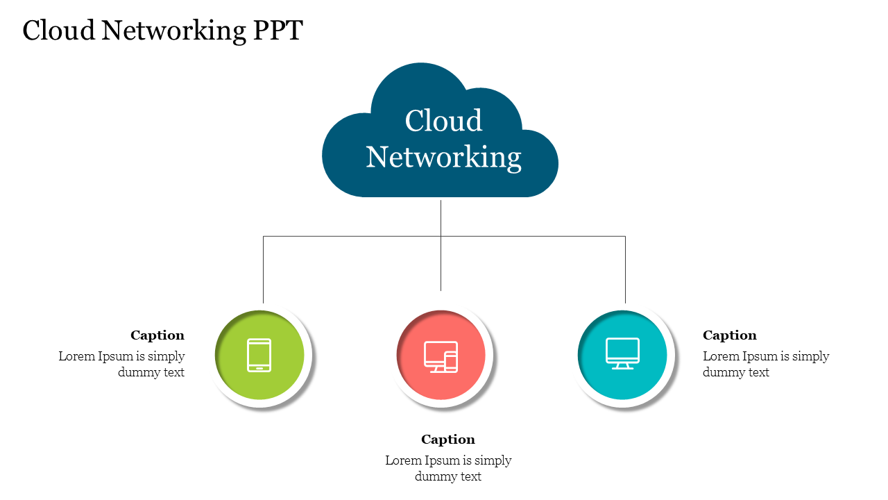 Slide showing cloud networking concept with a central cloud icon and three connected colored circles with device icons.