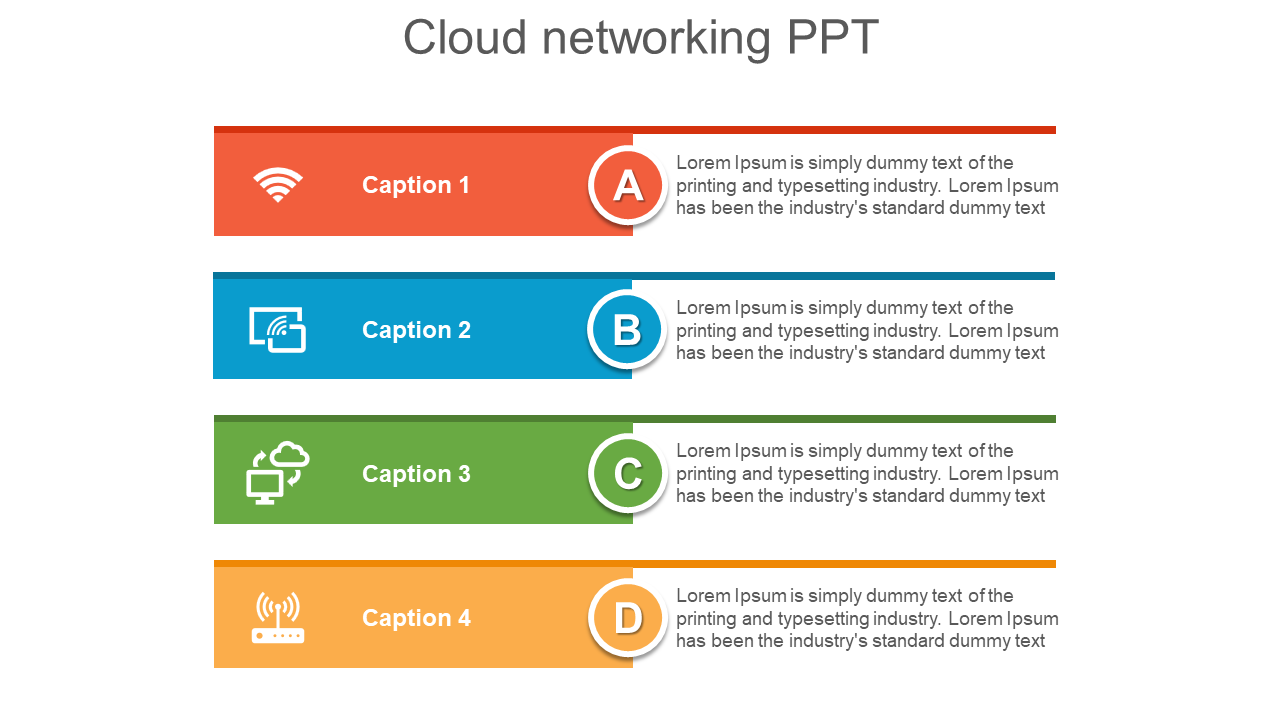 A colorful cloud networking slide showcasing four segments with icons and placeholder text.