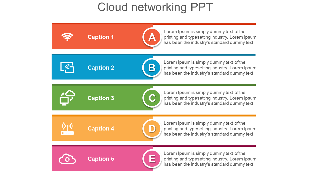 A colorful slide featuring five sections, each with an icon representing different aspects with placeholder text.